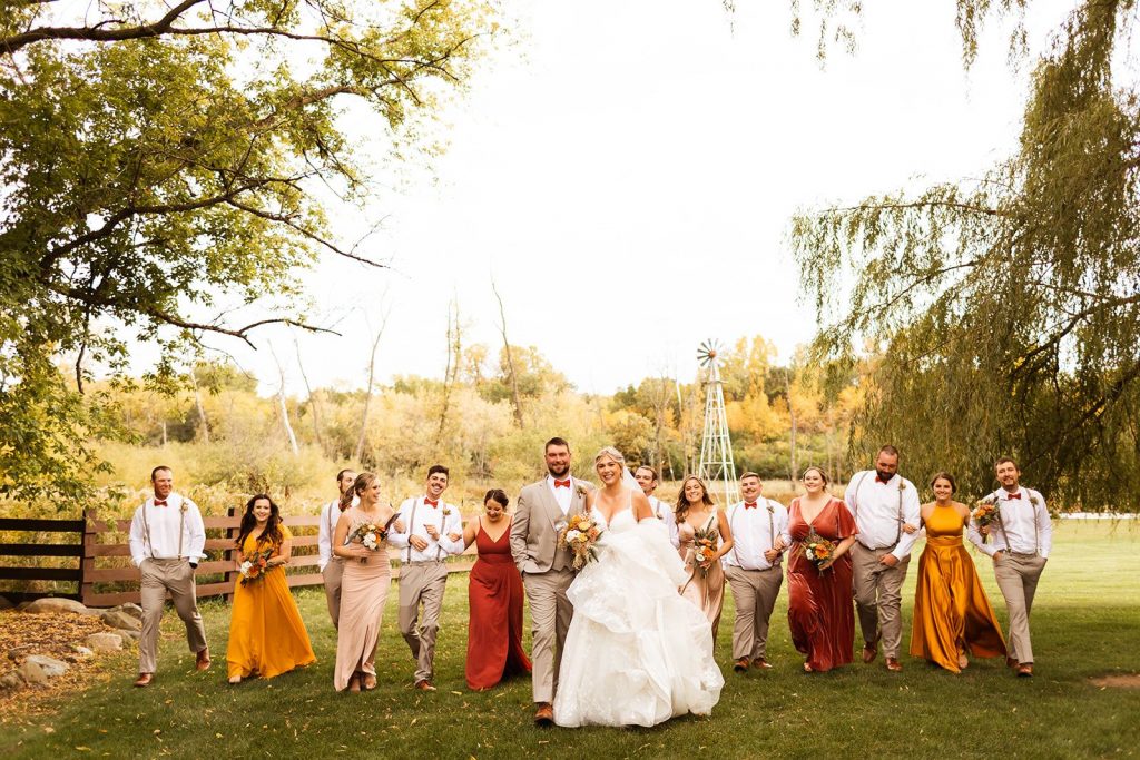 Wedding party at a Wisconsin fall wedding venue