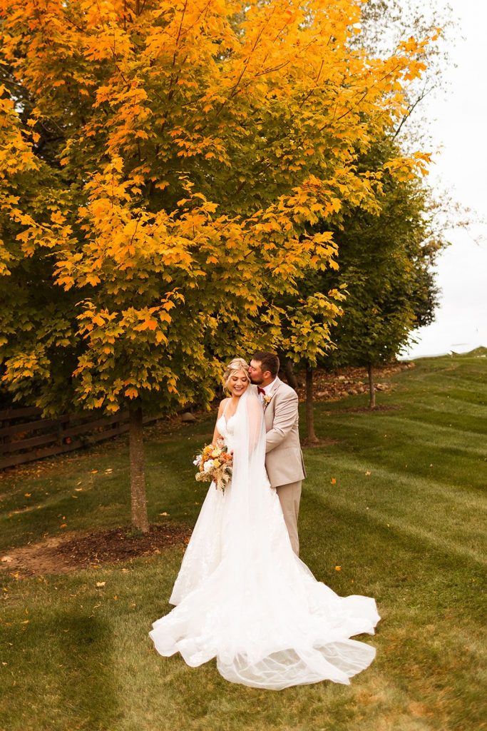 Wisconsin fall wedding bride and groom