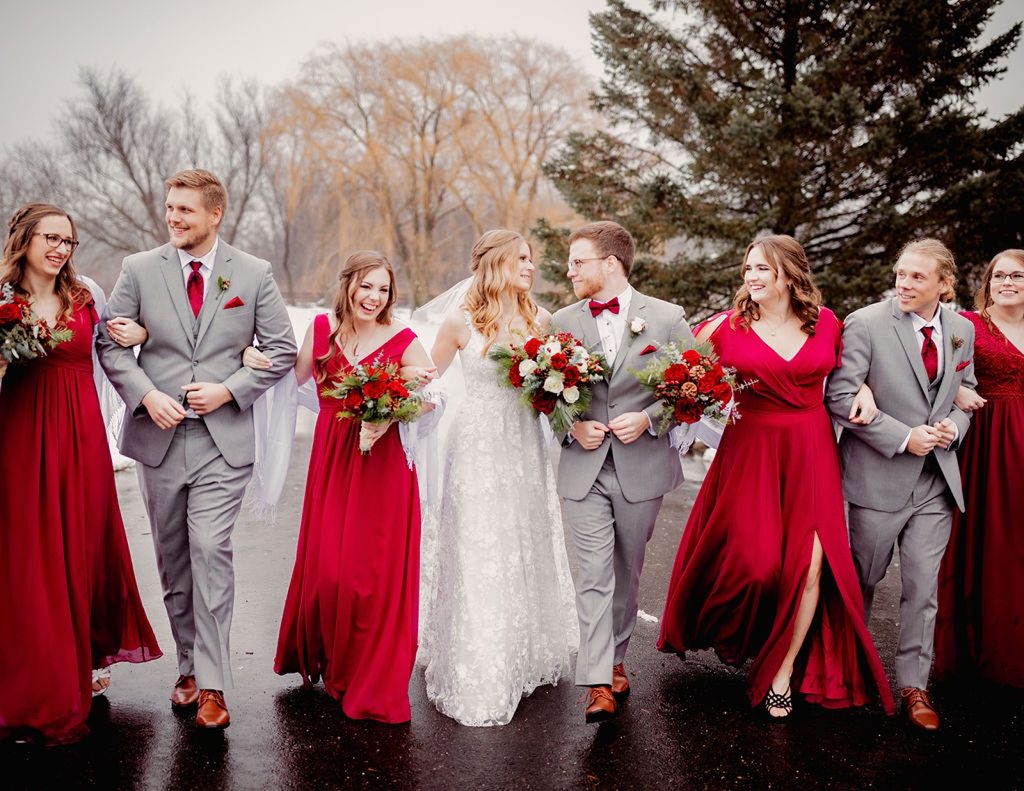 Wisconsin winter wedding party outside