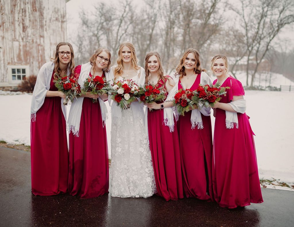 Wisconsin winter wedding party bridesmaids